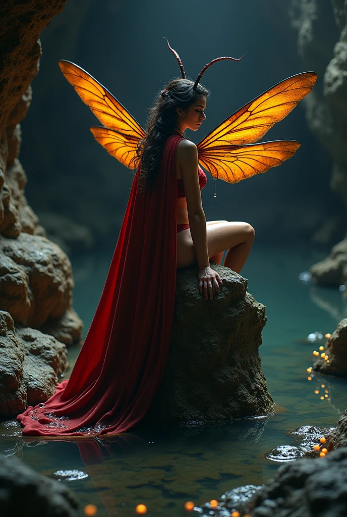 hornet, red cloth cape, female, big breasts, huge breasts, sitting on the back, wet pussy, pond, Underground, Underground cave, No sunlight, Dark,She Is siting on a human head