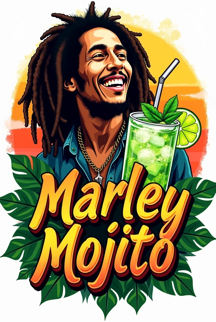 Logo where Bob Marley and a Mojito appear With the title that says Marley Mojito