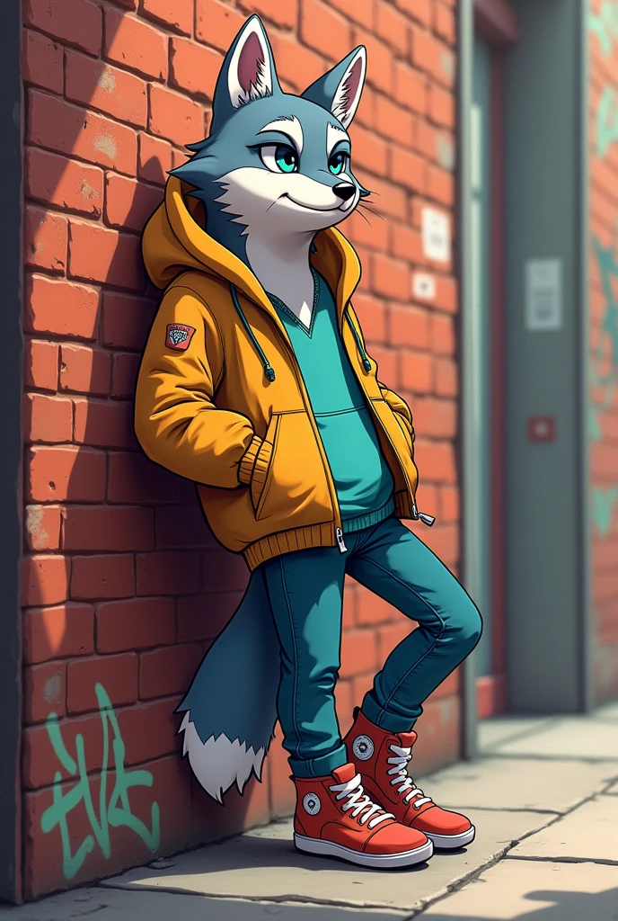 Animated wolf standing, crossing hand, pose tilted 45 degree to the side, anime style, wearing pocket ful jacket, leaning onto wall, crossing leg, casual shoes, short body, short legged