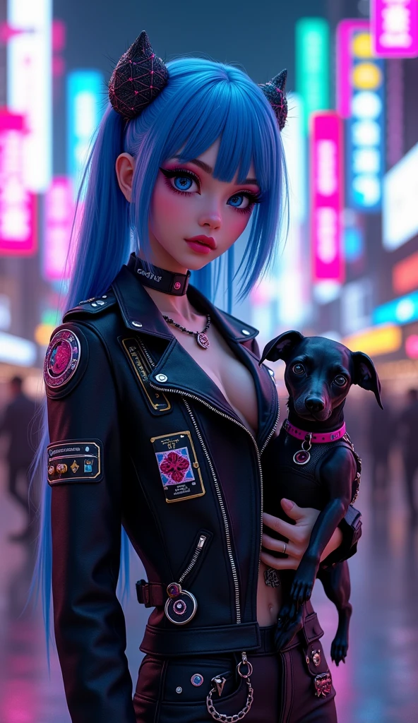 full body image of a stylized character with a futuristic, cyberpunk aesthetic. The character has bright blue hair with purple highlights, and their eyes are enhanced with blue and pink makeup, giving them a cybernetic appearance. They wear a black jacket with pink and blue accents, and there are various patches and patterns. standing and there is robotic pet dog with her. The background suggests a neon-lit urban environment, which is typical of the cyberpunk genre. The overall look is bold and fashionable, with a strong emphasis on technology and modern, high-tech fashion,