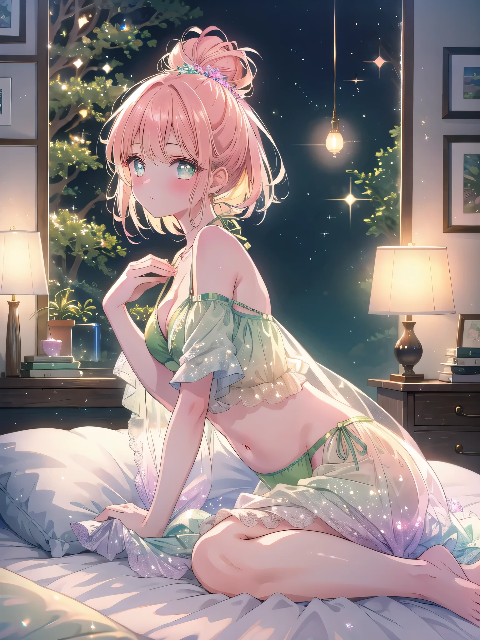 ((8k, Highest quality, masterpiece: 1.3)),Ultra-high resolution,(1 girl, alone), (Color changing eyes, Ultra-detailed, Expressive brilliance, Glitter, Glowing Eyes), Highly detailed eyes, Highly detailed face, Random Hair, ((pastel colour))A serene young woman with pastel peach hair styled into a loose bun, lying on her stomach on the bed during a tranquil evening. She is wearing a soft green bikini with subtle patterns. The camera captures her from a side angle as she rests her chin on her hands, her legs bent at the knees, and her feet gently kicking the air. The room is softly illuminated by a bedside lamp, with a peaceful and calming ambiance created by soft lighting and gentle tones in the decor.