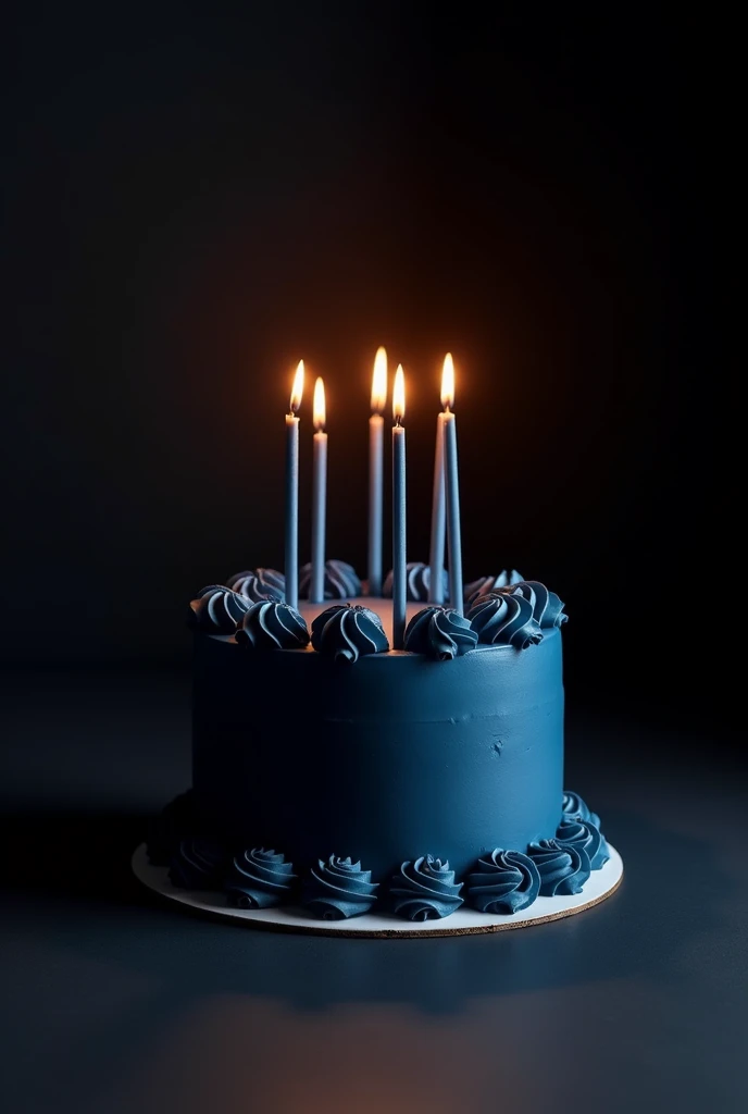A realistic picture of regular size birthday cake ( with beautiful and elegant and minimalistic decorations, darke blue cake),on top of it long straight candles for my Instagram story, the background black wall, the lights are of and there are flashlights, the cake is in the corner of the picture,