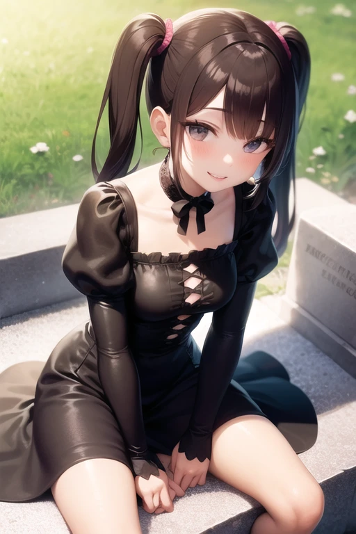 Girl with long dark brown hair with straight bangs in two pigtails, slightly slanted black eyes, black lips, black lolita style dress,sitting on a grave looking at the camera and smiling shyly in anime