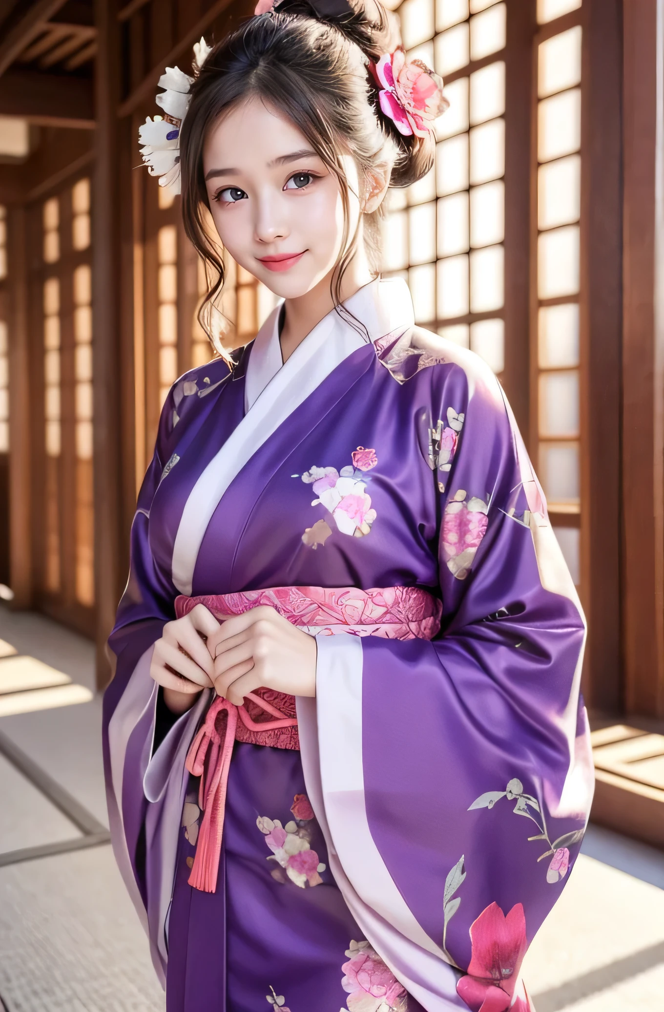 very cute girl, super cute face,clear attractive eyes, detailed Beautiful eyes,smiling, realistic photograph,gorgeous flamboyantly colored long sleeves kimono,
furisode ,very beautiful kimono,
Costume lighting
