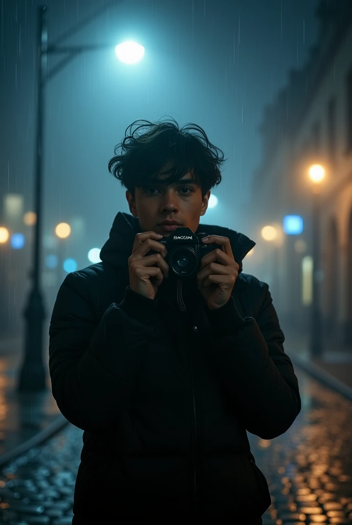 22 year old adult boy, with dark hair, holding a camera in front of your face. On a cold and foggy night