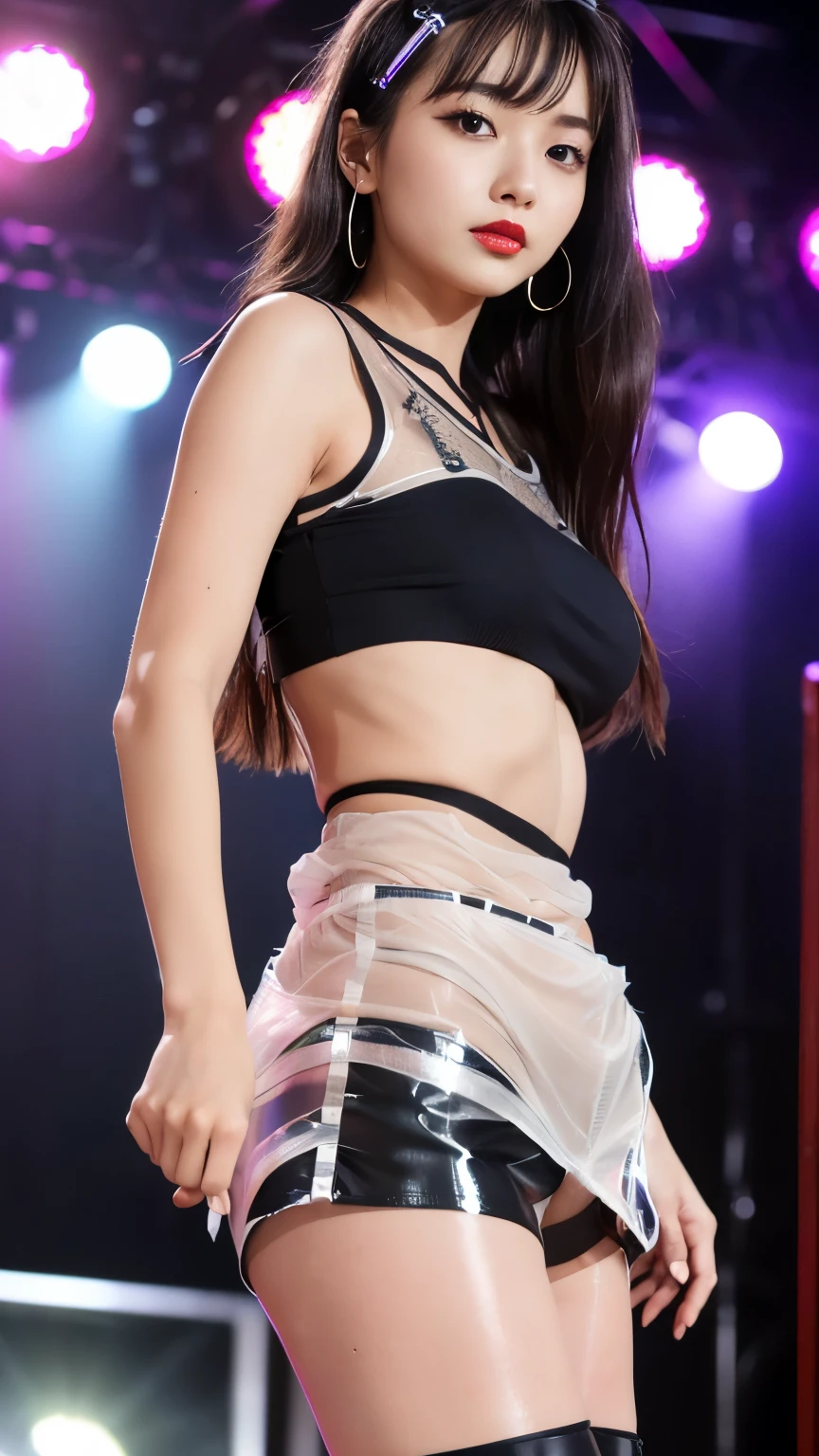 During the performance、(((stage)))、(((Heavy makeup with red lipstick and purple eyeshadow)))、Slim waist and beautiful abs、(((Semi-transparent black outfit)))、(Beautiful girl playing electric guitar)、(Highest quality、8k、RAW Photos)、(Real:1.2)、(Japan 20 year old beauties:1.2)、(Stand with legs apart:1.2)、(I can see your underwear:1.5)、(Thin thighs)、(((Sexy Tank Tops)))、(((Sheer miniskirt:1.75)))、(Big Breasts:1.2)、(The Enchanted Valley:1.3)、Long hair is messy、(Fine hand)、babymetal、Black and transparent metallic costume、Belly button、(((Transparent costume)))、See-through costume、(((Shiny skin)))、Sweat、ほとばしるSweat、Heat performance、Enthusiastic Live、Skin is transparent、I can see your underwear、You can see through your bare skin、Pubic hair is also visible、(((The genitals are obscenely embedded)))