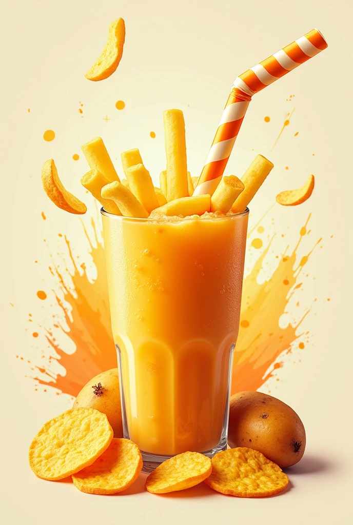 Logo of drink that has straw made of potato skin along with french fries and potato chips