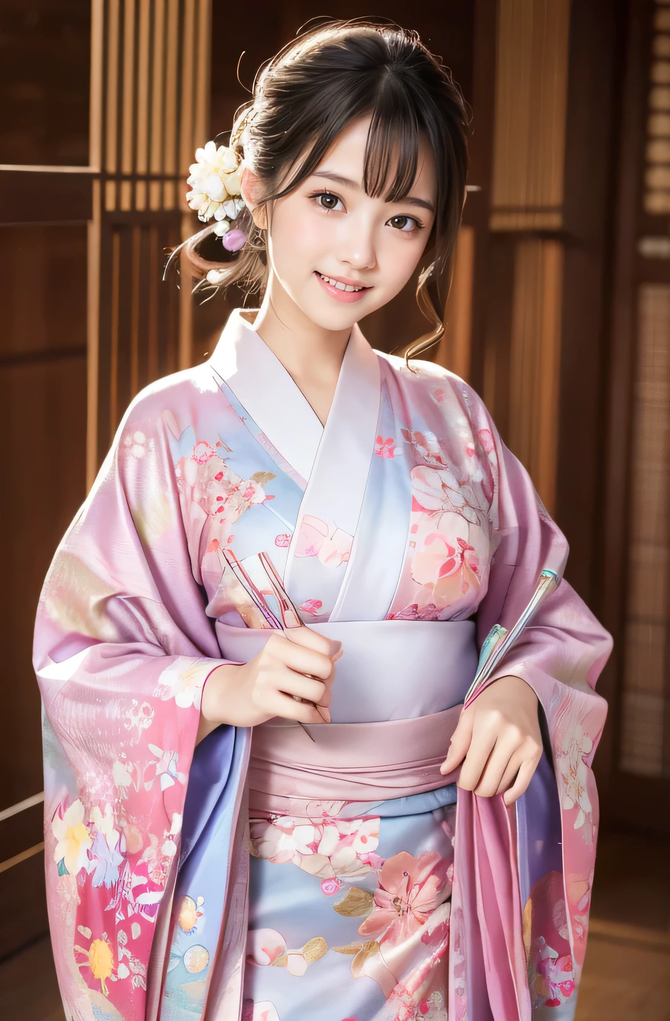 very cute girl, super cute face,clear attractive eyes, detailed Beautiful eyes,smiling, realistic photograph,gorgeous flamboyantly colored long sleeves kimono,
furisode ,very beautiful kimono,
Costume lighting
