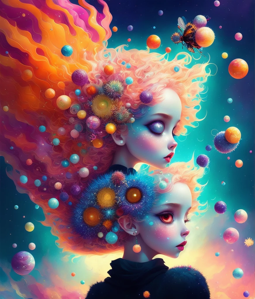 Color Pop Style, Photo photo portrait of the sun surrounded by satellites of orbiting planets, blonde spiky hair, natalie shau, Mark Ryden, Alberto Seveso, Brooke Shaden, Anna Dittmann, Flora Borsi, 8K resolution, Perfect composition, Milky way, Rainbow Color, Flying insects, scales, Wings, Blue, Texture, with an intricate, Gorgeous, Shadow, Pastel colors, 。.3D, Highly detailed, Stylishly decorated, Tim burton, Dale Chihuly, Xiaolongcheng, by Cyril Rolando, by J. Jeeg