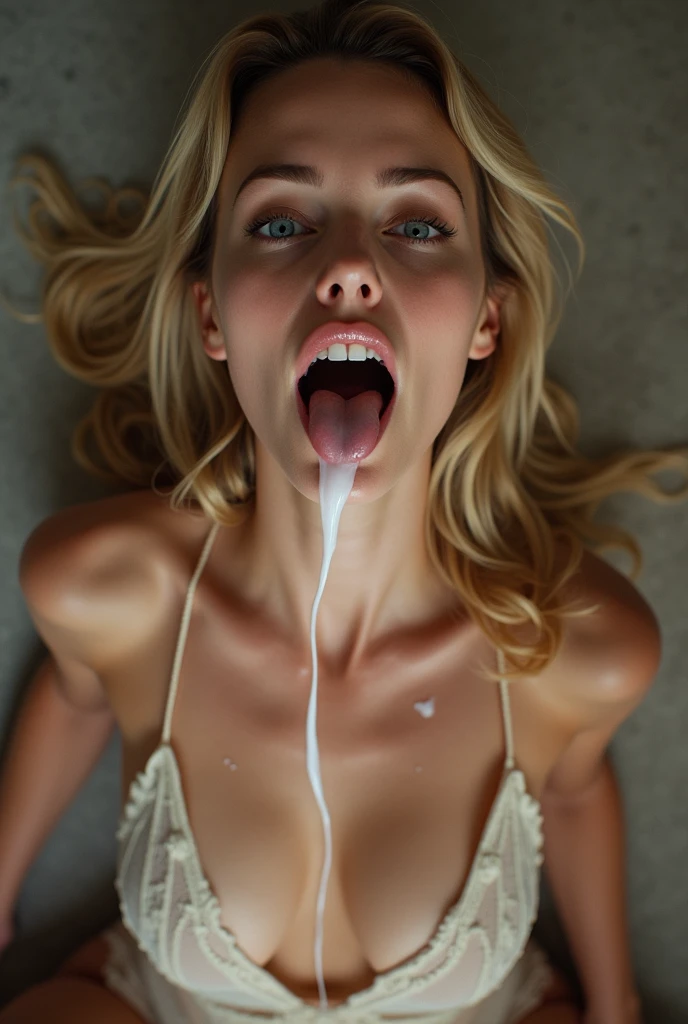 realistic, woman, beautiful mouth, mouth focus, sexy, lick, blonde, orgasm, eyes are slightly open, eyes are askew up between the eyebrows in ecstasy, deep cleavage teasing a firm breast, 19mm lens, top down POV on the sitting on the floor girl with her mouth open, sticky white translucent liquid shooting down into her mouth,