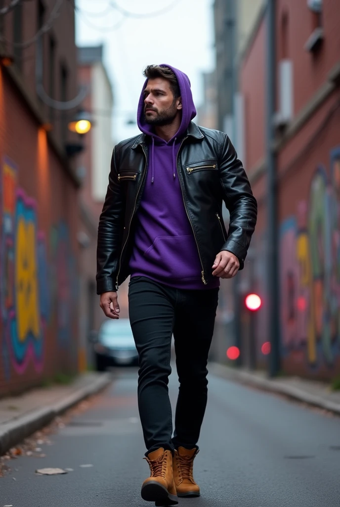 A man in a leather jacket, Underneath a purple hooded sweatshirt and wearing black pants and camel-colored boots