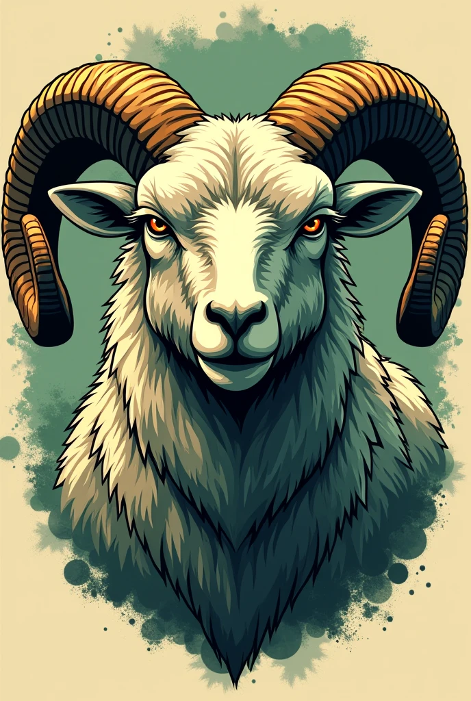 T-shirt design of an angry adult lamb in green and gold, long curved horns, muscular, with a frontal perspective from the neck up 