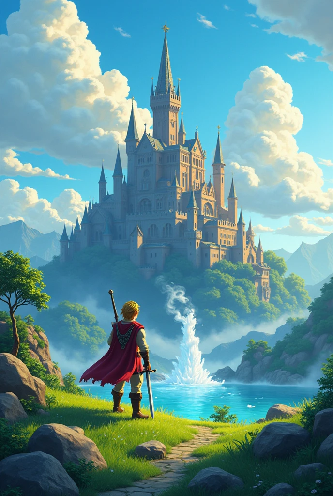 pixelart. Evening. 3D pixel art 4K wallpaper. Incredible pixel art detail. Pixel art. Steam waves. Detailed Unreal Engine pixel art,Legend of Zelda,zelda, a man,standing,holding a sword,looking at the castle, a huge castle, blue sky,green grass,sunny weather