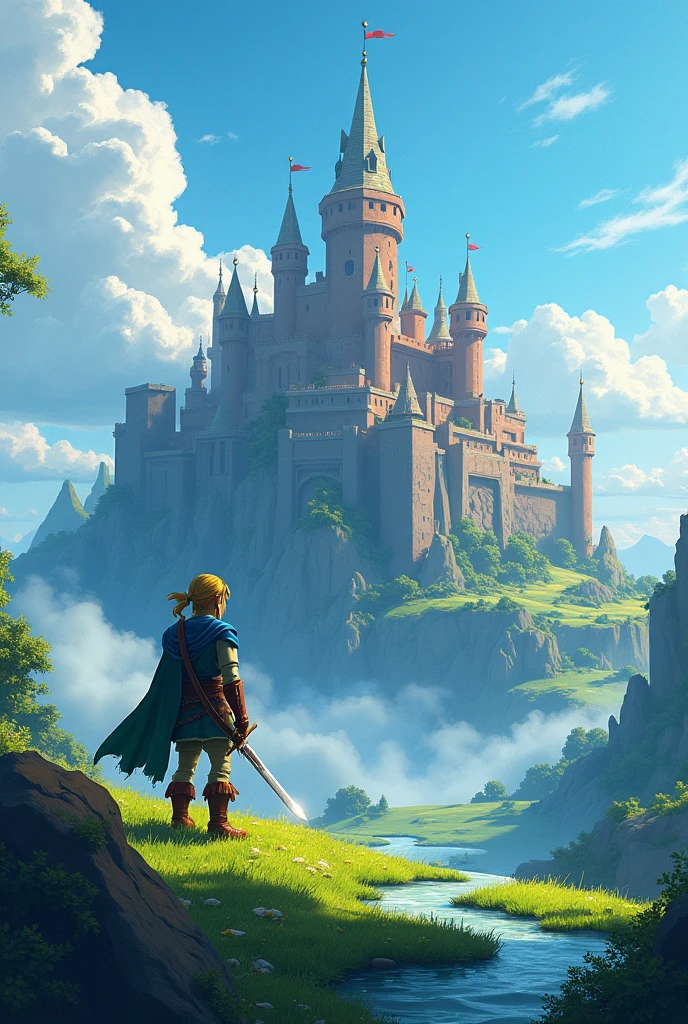 pixelart. Evening. 3D pixel art 4K wallpaper. Incredible pixel art detail. Pixel art. Steam waves. Detailed Unreal Engine pixel art,Legend of Zelda,zelda, a man,standing,holding a sword,looking at the castle, a huge castle, blue sky,green grass,sunny weather