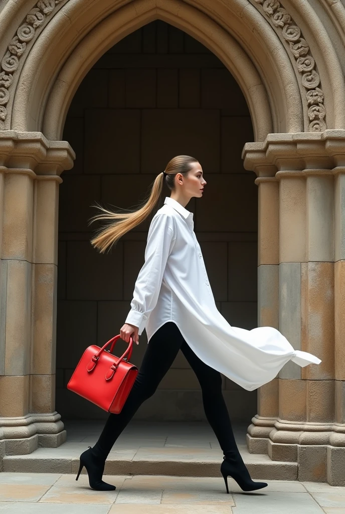 A stunning conceptual art piece featuring a woman with a long sleek ponytail, exuding confidence as she strides against an ancient gothic wall. Clad in only a crisp white oversized men's dress shirt, black tights, high heels, she gracefully carries a vibrant red clutch in her hand. The minimalistic setting accentuates the contrast between her outfit and the background, creating a captivating visual narrative., conceptual art