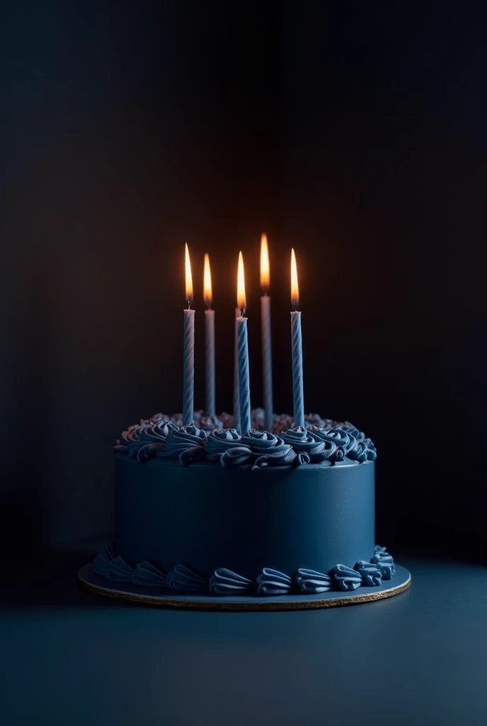 A realistic picture of regular size birthday cake ( with beautiful and elegant and minimalistic decorations, dark blue cake),on top of it long straight candles for my Instagram story, the background black wall, the lights are of and there are flashlights, the cake is in the corner of the picture, 