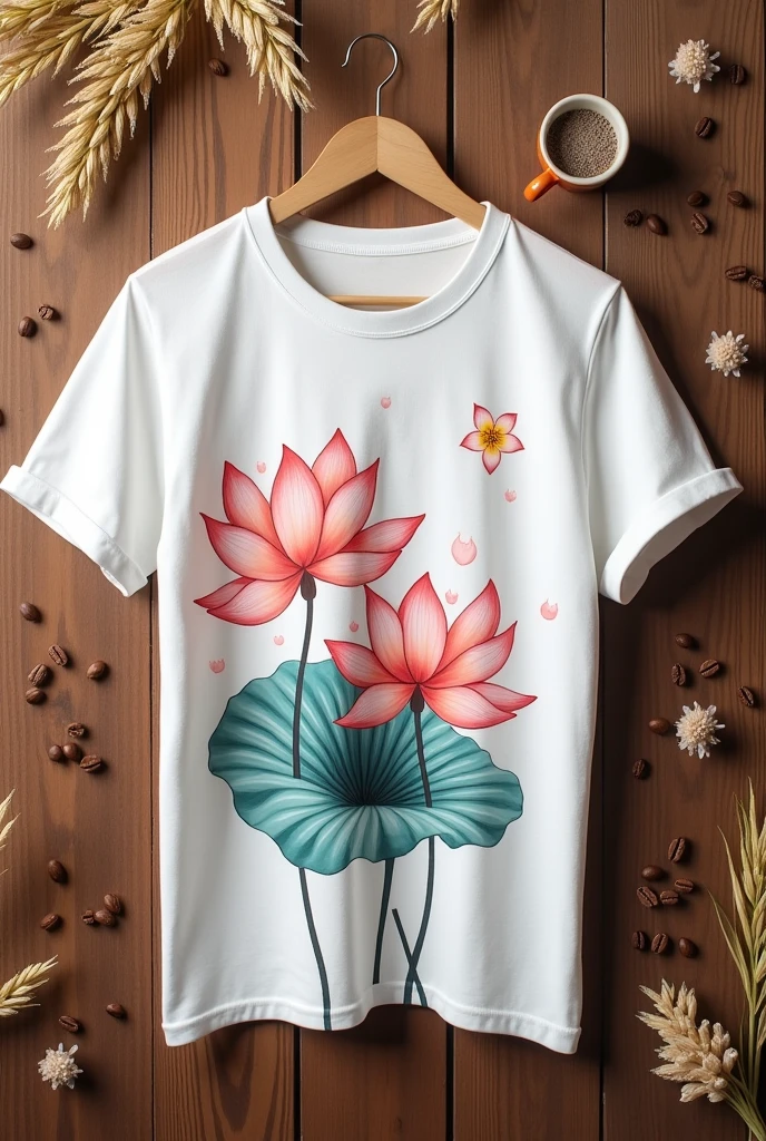 mockup of a loose white T-shirt with 2 pink lotus flowers drawn on the chest,  embossed on a lotus leaf in pastel watercolor pink, yellow, and blue, with broken color streaks. Brown wooden background, deco with a few rice flowers, coffee beans, and coffee cups
