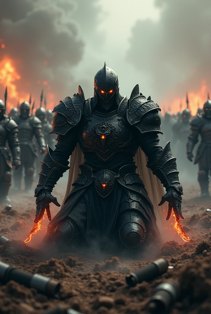 A Death Knight is kneeling in the middle of a battlefield filled with smoke and dust. His jet-black armor reflects the light, exuding the aura of death, but his body shows no sign of submission. Fallen enemies and allies are scattered all around, making the battlefield even more chaotic.
The Death Knight continues to radiate overwhelming intimidation while kneeling. Black energy erupts from his hands, shaking the ground. His eyes are filled with a burning flame, sending a silent challenge to the surrounding enemies.
Behind him, his army is lined up in order, ready to advance. The Death Knight's kneeling figure is not a sign of defeat, but of further advancement. The surrounding warriors watch the scene, waiting impatiently for the Death Knight's next move.