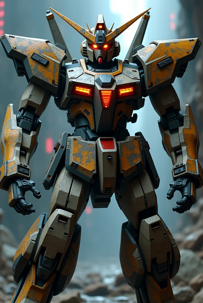 a highly detailed gundam barbatos lupus rex, hyper-realistic, 8k, cinematic lighting, studio lighting, dramatic pose, intricate mechanical details, metallic textures, glowing eyes, complex machinery, muscular body, powerful stance, rugged and weathered appearance, dynamic action scene, futuristic sci-fi environment, moody color palette, dramatic shadows and highlights, advanced 3d rendering, photorealistic quality, intricate panel lines, highly detailed engineering, industrial design, mecha anime style
