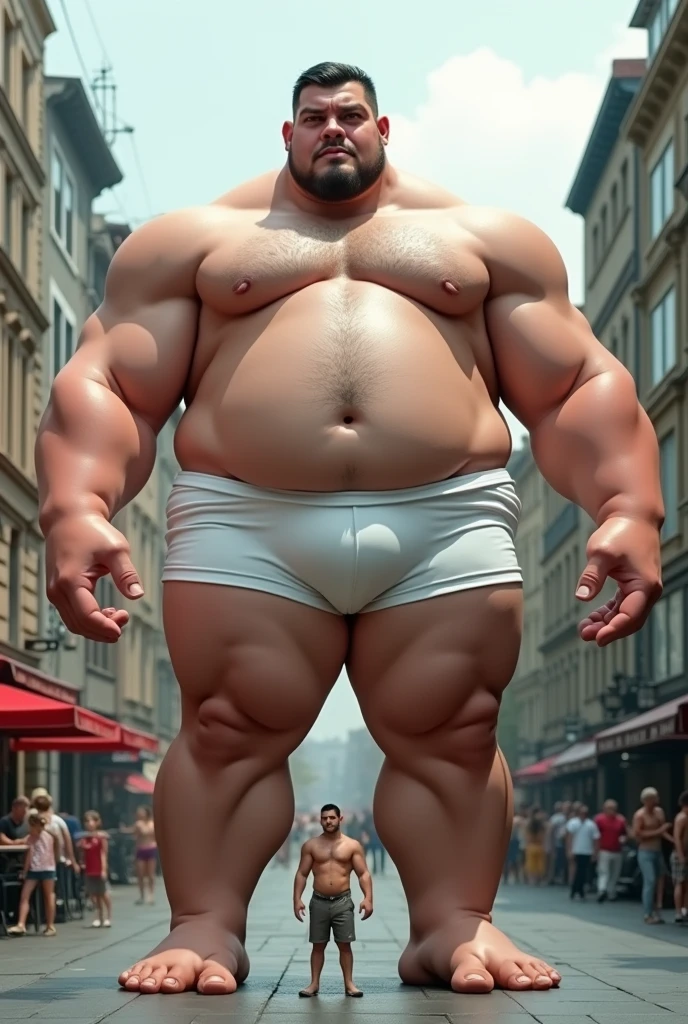 giant heavy muscular man, handsome, tall, white underpants, white pale skin, black short hair, huge pecs, big nipple, have 4 long arms, wide shoulder, giant palm hand, chest exposed, standing proudly beside small man