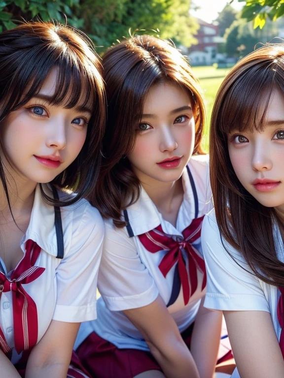((masterpiece, highest quality)), (Super detailed), ((super cute)), (Multi-point), ((very detailed)), 4k, highest quality, (beautiful), hyper cute face, Perfect Face, hyper genuineistic, Close-up, clear outline, (three girls, 3 cute girls:1.5), ( girl uniform :1.3), ((beautiful eyes)), (leaning forward:1.3), (upskirt:1.3), natural skin texture, big breasts, All Fine Girls, Wow Girls, romantic ambiance, Highly detailed CG, look shyly at the viewer,