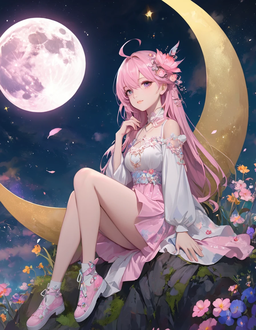 anime girl sitting on a crescent moon 🌙 with a pink dress and a flower, beautiful anime, guweiz on pixiv artstation, beautiful fantasy anime, beautiful anime art, digital art on pixiv, beautiful anime artwork, anime fantasy illustration, guweiz, guweiz on artstation pixiv, beautiful anime girl, trending on artstation pixiv, pixiv