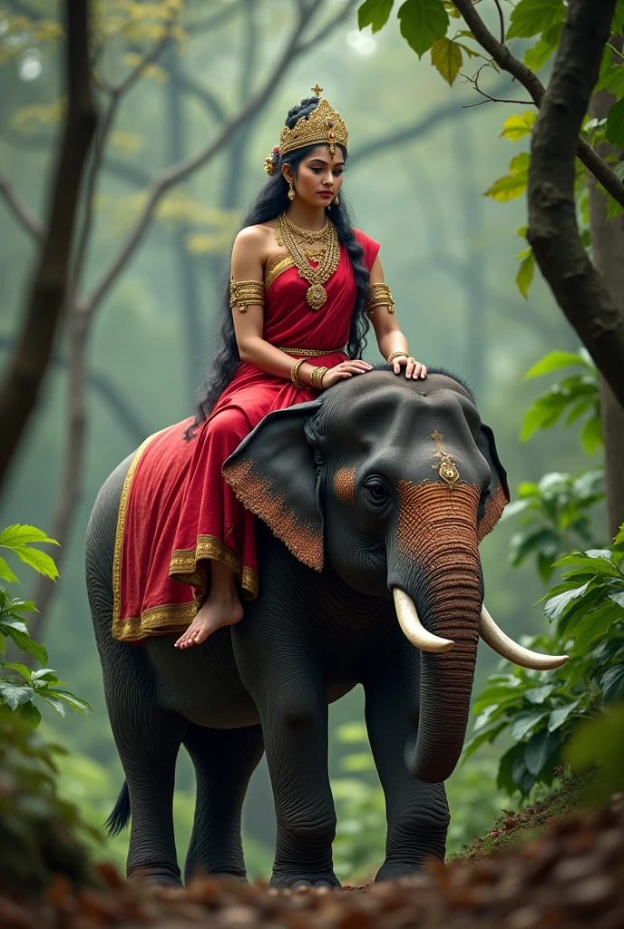 Photo of Maa Lakhu who is sitting on an elephant facing towards me with full body pose
and her sari is red and she is adorned with jewellery. This photo is in the jungle in left side pose. Goddess is look elder in age