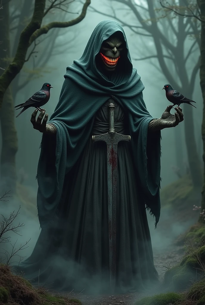 An creature made up of dark wood witha an infinity hollow behind him wearing a hooded robe from which we can see his monstrous smile and a sperrow purged on his one hand and a bloody sword in his others hand