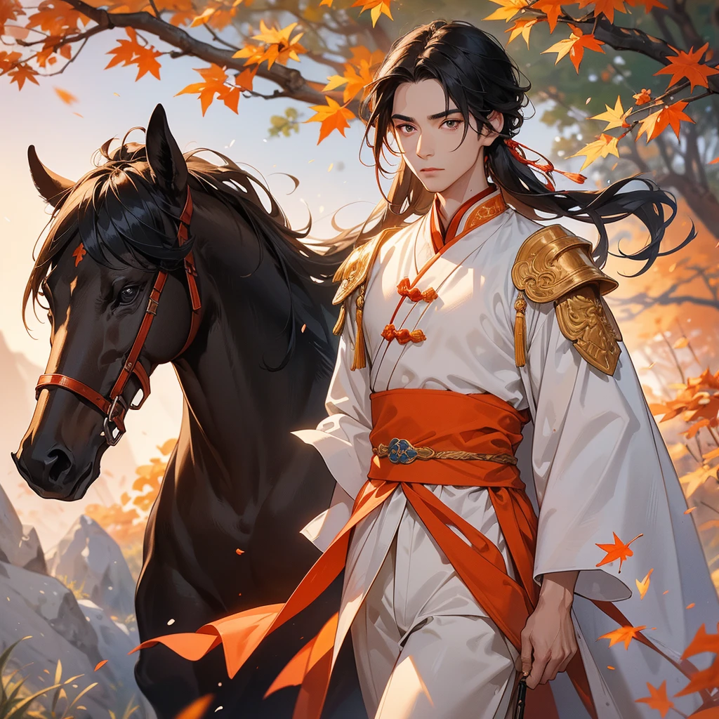 Handsome black-haired male general holding a large sword in white ancient Chinese general costume, walking In the middle of a spring mountain ,the backdrop is a mountain that turns orange-red in spring, and maple leaves fall from the trees.The sun shines and the sun rises, close up.