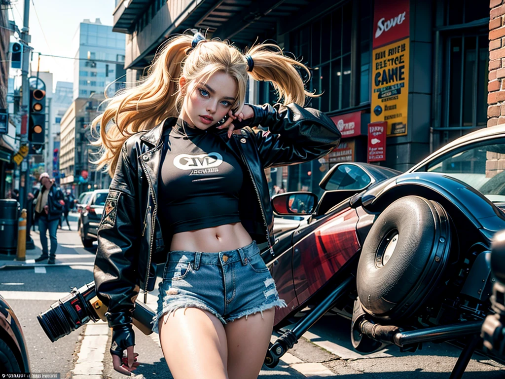 Margot Robbie best quality, expressive eyes, perfect face, high res, (64k), (perfect face), (ultra details), 1 girl, solo, Harley Quinn girl, blonde hair, ponytail, blue eyes, long hair, red short jacket, baseball cap, fingerless gloves, denim shorts, shoes, street background, leaning forward, , standing, portrait, looking at the viewer--hyper realistic-- bright lighting, photorealistic rendering, advertising photograph look and feel. Super High ultra resolution, hyper photorealistic, 255K, super hyper, Sony A7S Ill, f/ 9.0, 1/400. sharp-focus, megapixel.