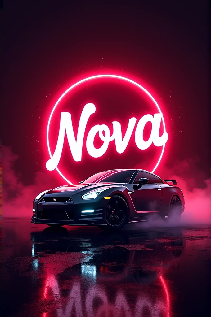 Create me a YouTube Logo, gaming style, red glowy background, The word "Nova" In the middle of the logo, circle type, make it more interesting, put a R35 nissan GTR under the logo name
