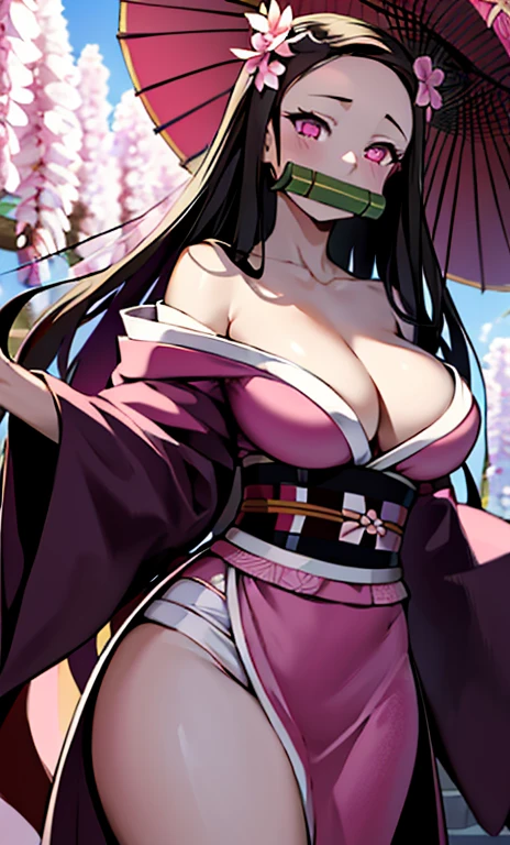 masterpiece, (pink kimono), seductive face, good lighting, décolleté, fine details, masterpiece, glowing eyes, 1girl, black hair, gag, bamboo, Nezuko Kamado, wisteria background, masterpiece, best quality, POV, whole body, wide hips,
