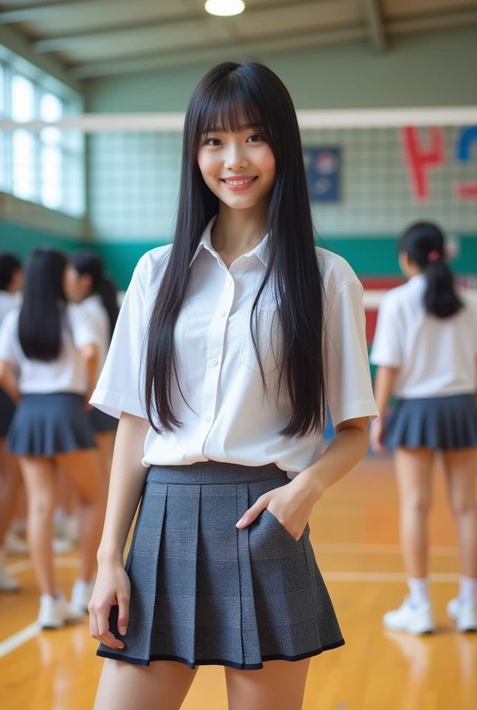 A smiling Japanese high school girl with straight black hair is with her volleyball club members。


The uniform is a white shirt。

The mini skirt is navy blue。Gray checkered pattern with black overall。

Skirt length is shorter than above the knee。
The length of the hair is very long。
The bangs are neatly trimmed and cover the eyebrows.。

Nogizaka46-ish 。
Height: 180cm。 Model-like. Both of their faces are visible, so it&#39;s almost like a photograph.