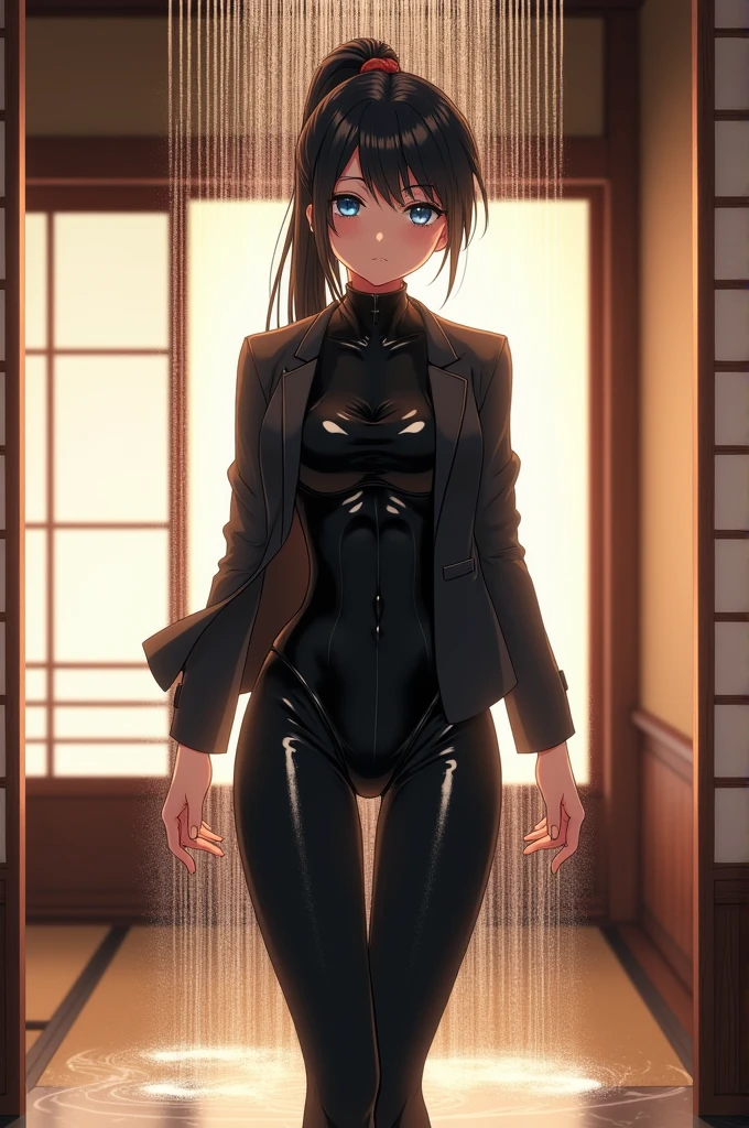 Anime Japanese woman, black hair, ponytail, blue eyes, butler-like wetsuit, black jacket and black slacks, Japanese-style room, large breasts, private parts exposed, inside the shower room
