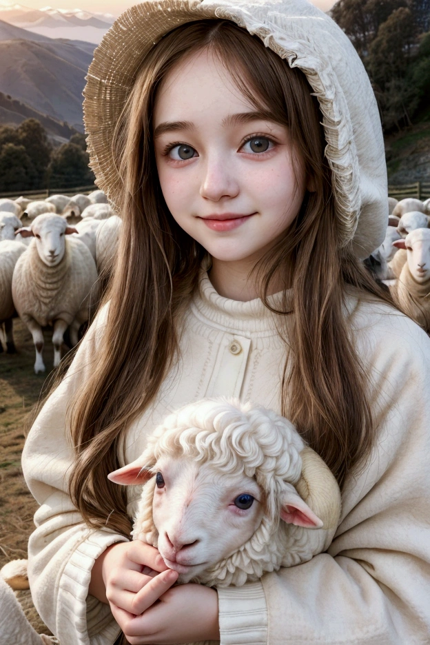 straight angle, big black eyes, smile, pretty and cute 16 year old girl, pale white skin, rosy cheeks, very long messy brown hair, look innocent and beautiful, holding sheep, at dawn, hill, flock of sheep