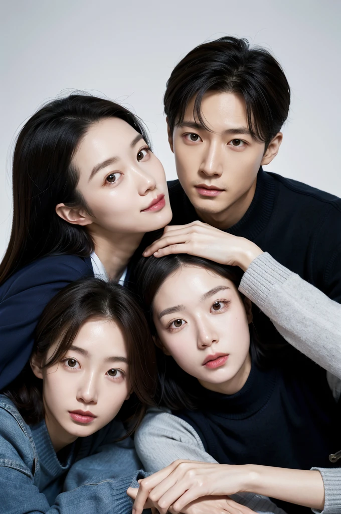 Des amis korean pose pour une photo, un air agréable, il on l'air responsable les uns des autres. Ils sont charismatiques, très bien détaillés, beaux visages, beaux yeux. À côté d'un lycée coréen. Style kdrama. Suspens. Ils ont tous 18 years. Lumières sombres. Bad guys. Lycéen, liberté, couché de soleil.