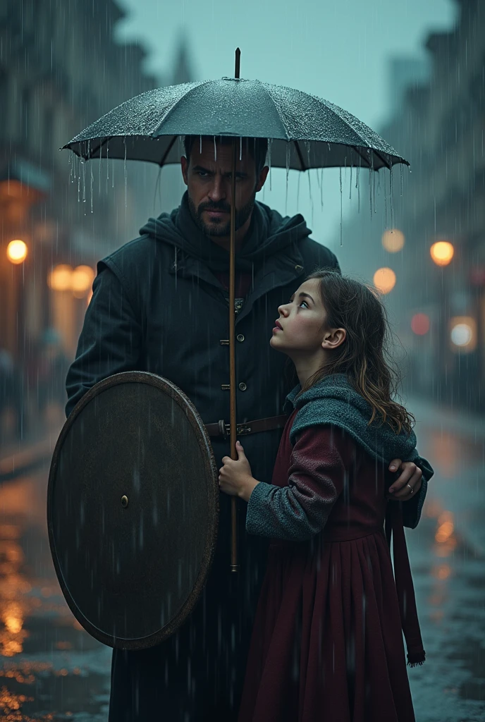 in a rainy day a man protect the girl by his shield because