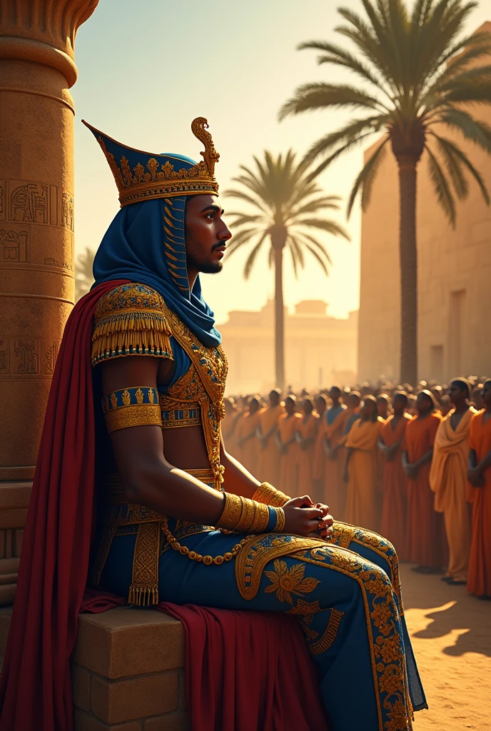The king of Egypt is sitting on a chair and people are looking at him