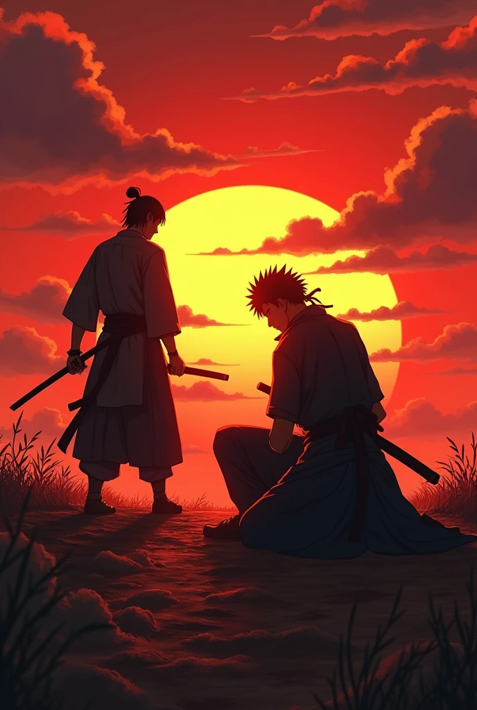 Defeated samurai kneeling, another standing holding sword, dramatic sunset lighting, anime style, detailed, UHD, trending on Artstation, in the style of Takashi Okazaki, Samurai Champloo, Hiroaki Samurai champloo