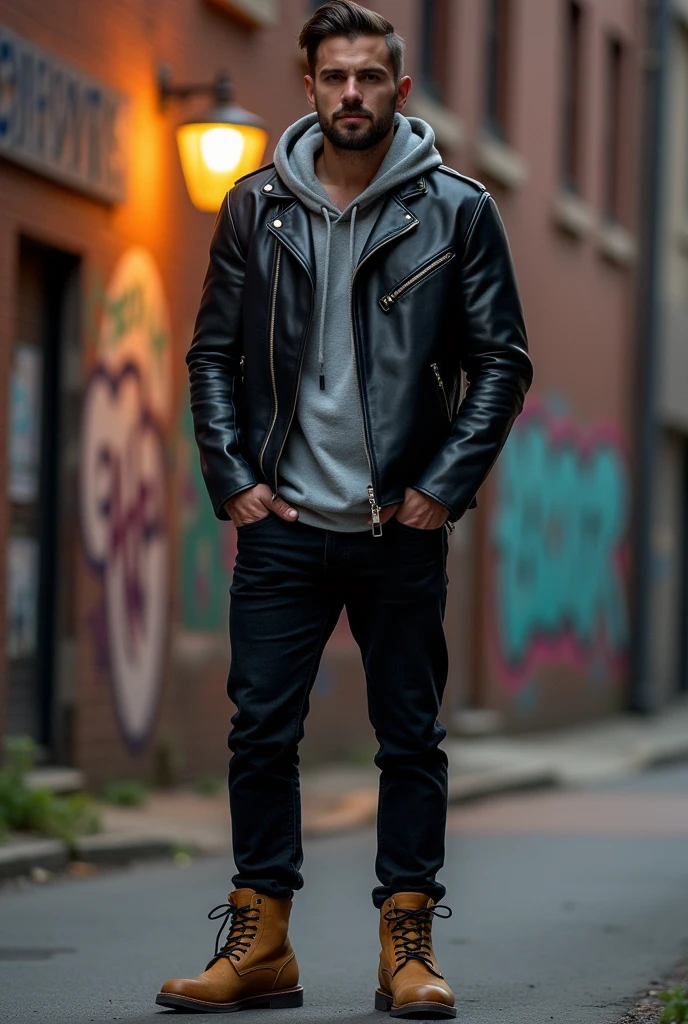 A man in a leather jacket, Underneath a lead hooded shirt and wearing black pants and camel-colored boots