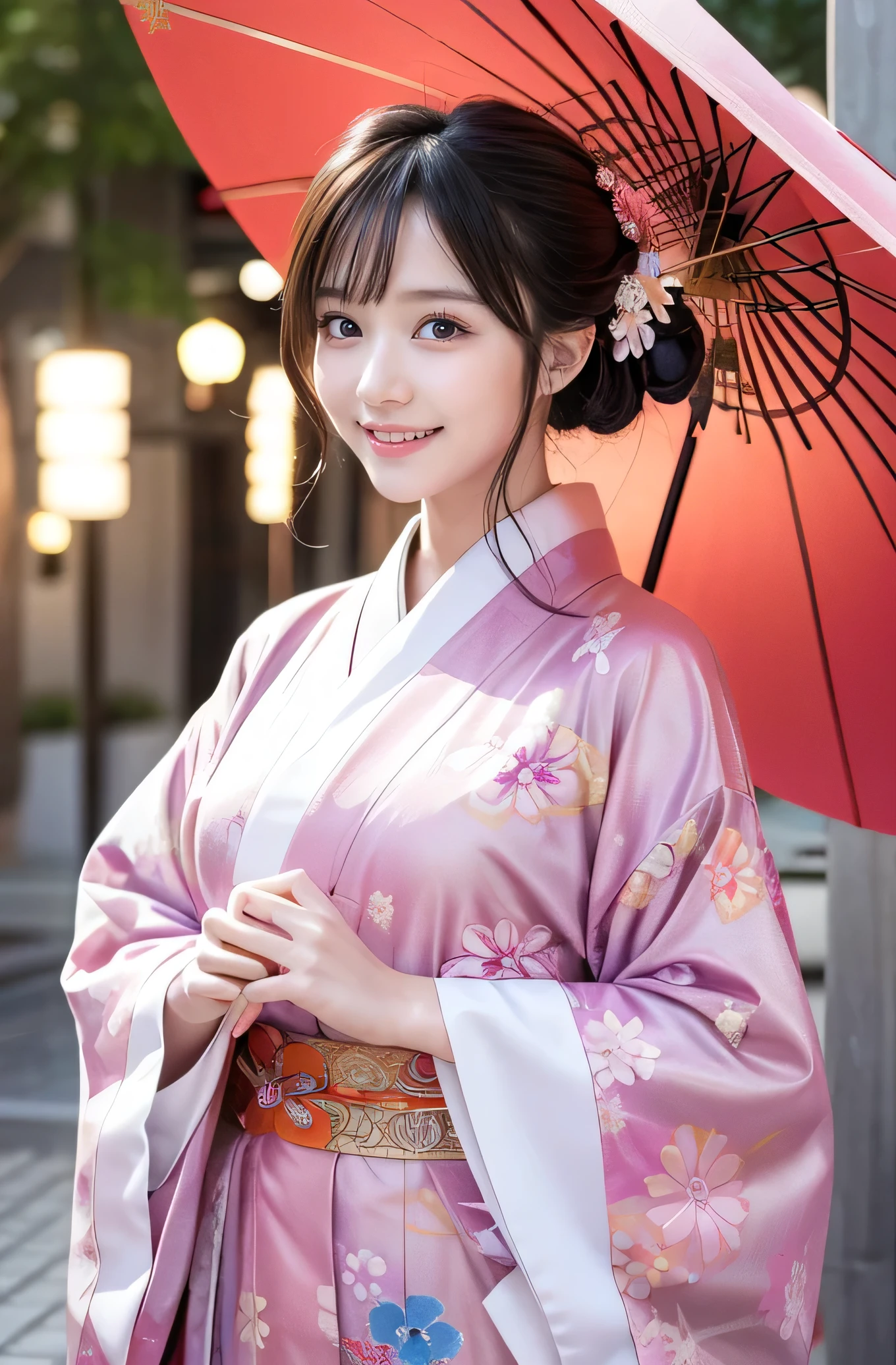 very cute girl, super cute face,clear attractive eyes, detailed Beautiful eyes,smiling, realistic photograph,gorgeous flamboyantly colored long sleeves kimono,
furisode ,very beautiful kimono,
Costume lighting