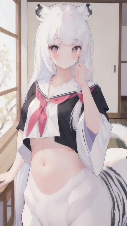 (best quality, masterpiece), 1 girl, centaur, I beg, White skin, Japanese schoolgirl,daughter,black pink, exposing the abdomen, belly button t-shirt , beautiful girl perfect, White tiger photo, 완벽한 White tiger photo