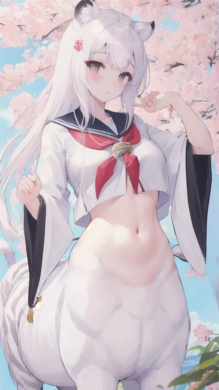 (best quality, masterpiece), 1 girl, centaur, I beg, White skin, Japanese schoolgirl,daughter,black pink, exposing the abdomen, belly button t-shirt , beautiful girl perfect, White tiger photo, 완벽한 White tiger photo