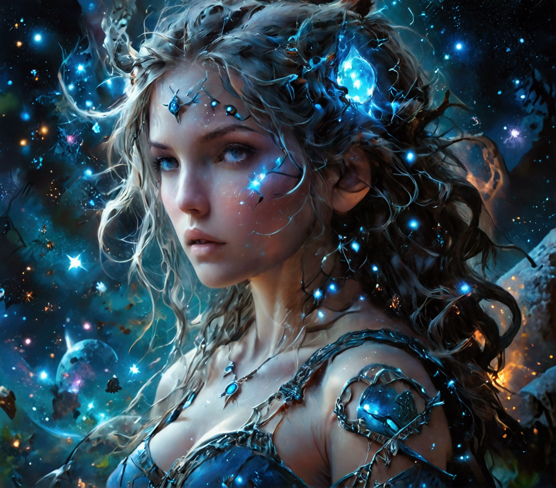 comic art , dnd art, rpg art, realistic art, female human druid of the stars, guardian of nature, controlling magical energy made of stars, swirling blue stary magical light, divine symbols, (under the sky filled with stars: 1.4, human female, busty, extremally beautiful, ultra feminine, busty, dynamic hair, dynamic hair color, wearing leather armor, holding a staff, moon light, stars, dynamic natural background, RPG art, magical atmosphere magic-fantasy-sky full with colorful stars, high details, best quality, 16k, [ultra detailed], masterpiece, best quality, (extremely detailed), dynamic angle, ultra wide shot, photorealistic, ((fantasy art)) ultra best realistic, best details, best quality, 16k, [ultra detailed], masterpiece, best quality, (extremely detailed), ultra wide shot, photorealism, depth of field, hyper realistic painting, rpg portrait, mad-nbla, Dark Art Painting Style