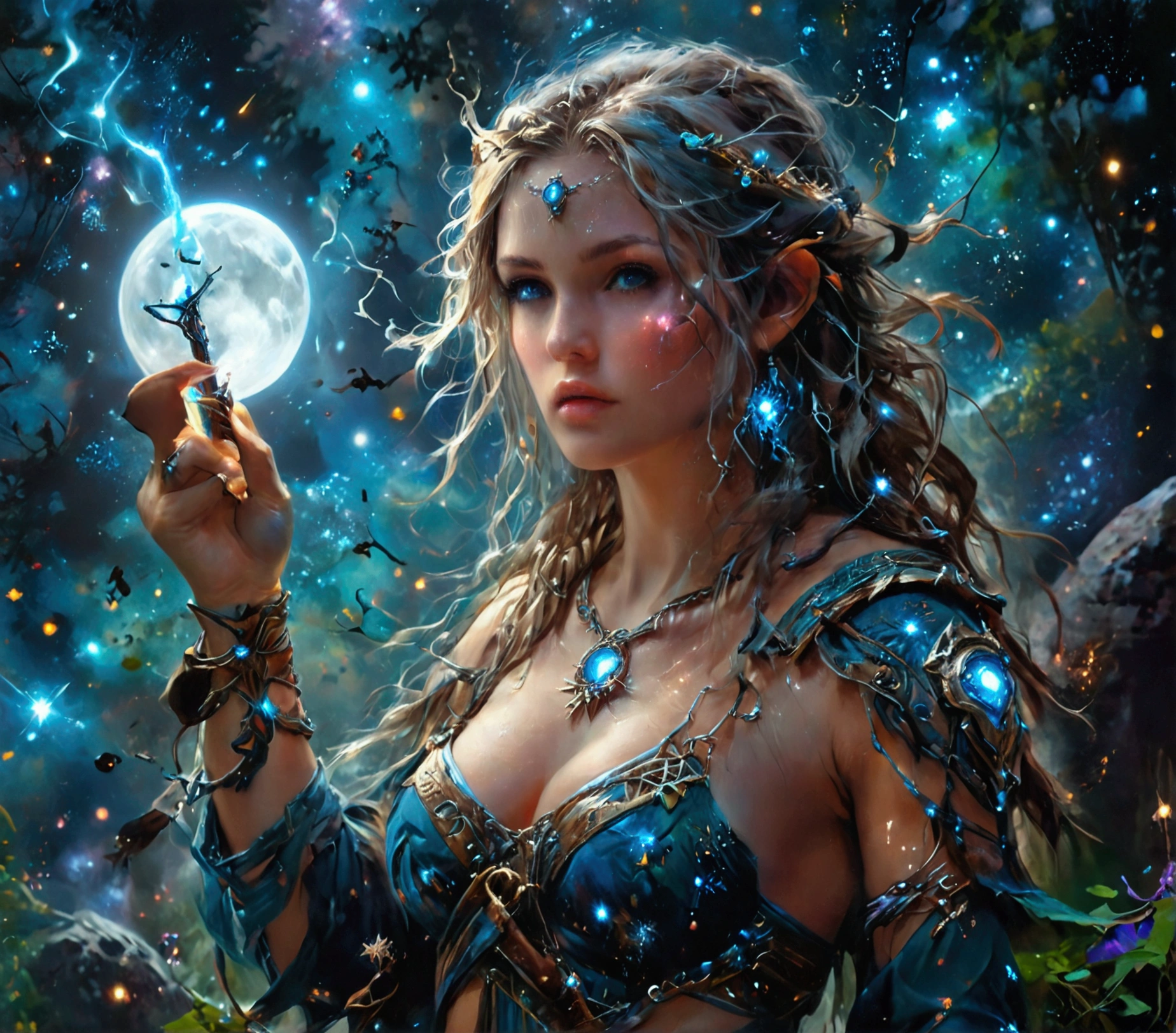 comic art , dnd art, rpg art, realistic art, female human druid of the stars, guardian of nature, controlling magical energy made of stars, swirling blue stary magical light, divine symbols, (under the sky filled with stars: 1.4, human female, busty, extremally beautiful, ultra feminine, busty, dynamic hair, dynamic hair color, wearing leather armor, holding a staff, moon light, stars, dynamic natural background, RPG art, magical atmosphere magic-fantasy-sky full with colorful stars, high details, best quality, 16k, [ultra detailed], masterpiece, best quality, (extremely detailed), dynamic angle, ultra wide shot, photorealistic, ((fantasy art)) ultra best realistic, best details, best quality, 16k, [ultra detailed], masterpiece, best quality, (extremely detailed), ultra wide shot, photorealism, depth of field, hyper realistic painting, rpg portrait, mad-nbla, Dark Art Painting Style