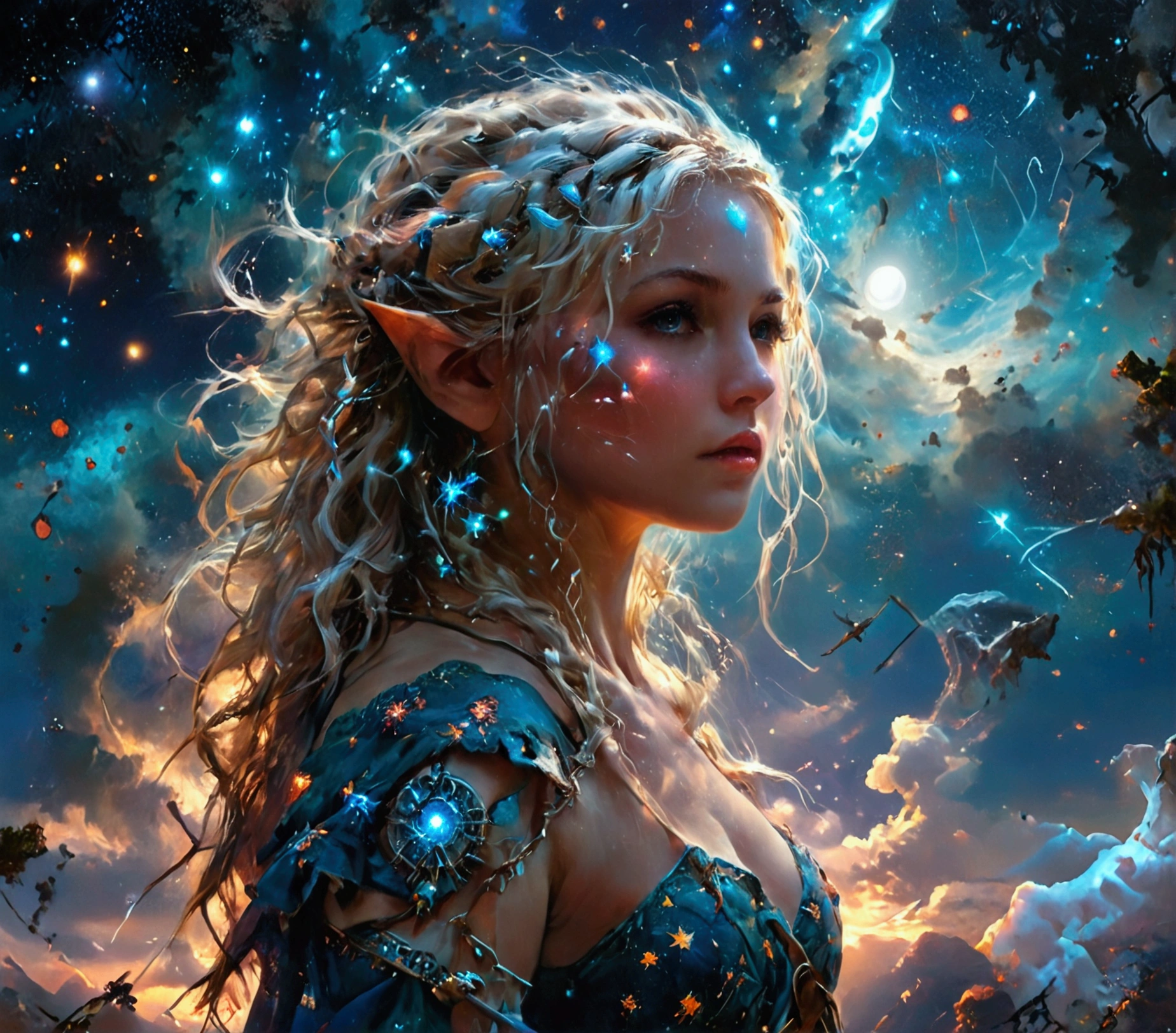 comic art , dnd art, rpg art, realistic art, female human druid of the stars, guardian of nature, controlling magical energy made of stars, swirling blue stary magical light, divine symbols, (under the sky filled with stars: 1.4, human female, busty, extremally beautiful, ultra feminine, busty, dynamic hair, dynamic hair color, wearing leather armor, holding a staff, moon light, stars, dynamic natural background, RPG art, magical atmosphere magic-fantasy-sky full with colorful stars, high details, best quality, 16k, [ultra detailed], masterpiece, best quality, (extremely detailed), dynamic angle, ultra wide shot, photorealistic, ((fantasy art)) ultra best realistic, best details, best quality, 16k, [ultra detailed], masterpiece, best quality, (extremely detailed), ultra wide shot, photorealism, depth of field, hyper realistic painting, rpg portrait, mad-nbla, Dark Art Painting Style