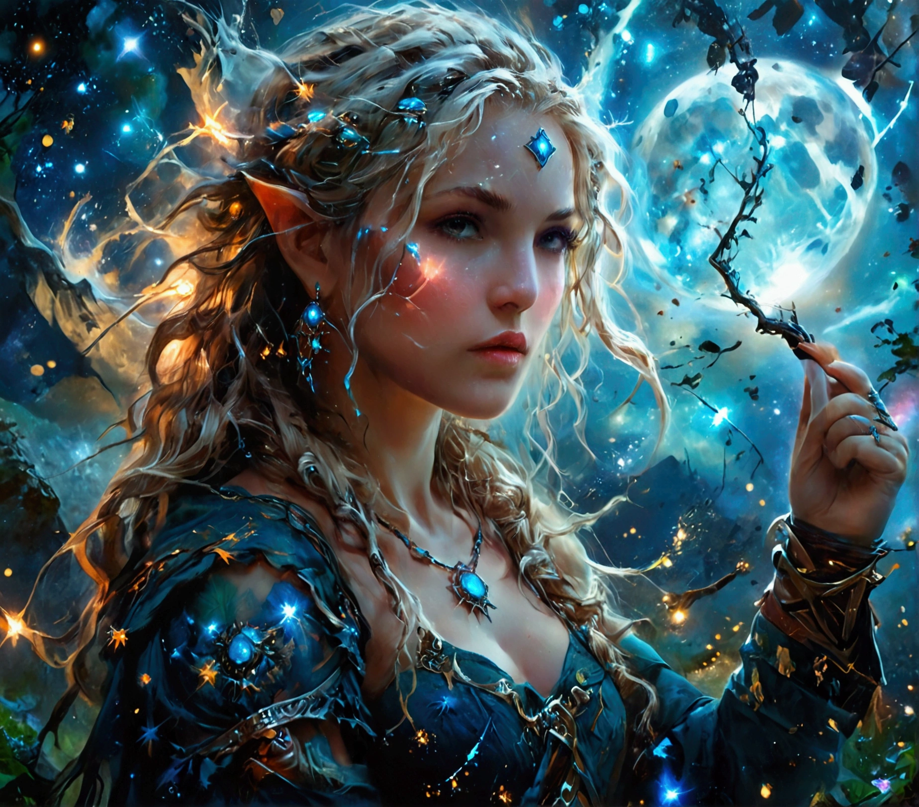 comic art , dnd art, rpg art, realistic art, female human druid of the stars, guardian of nature, controlling magical energy made of stars, swirling blue stary magical light, divine symbols, (under the sky filled with stars: 1.4, human female, busty, extremally beautiful, ultra feminine, busty, dynamic hair, dynamic hair color, wearing leather armor, holding a staff, moon light, stars, dynamic natural background, RPG art, magical atmosphere magic-fantasy-sky full with colorful stars, high details, best quality, 16k, [ultra detailed], masterpiece, best quality, (extremely detailed), dynamic angle, ultra wide shot, photorealistic, ((fantasy art)) ultra best realistic, best details, best quality, 16k, [ultra detailed], masterpiece, best quality, (extremely detailed), ultra wide shot, photorealism, depth of field, hyper realistic painting, rpg portrait, mad-nbla, Dark Art Painting Style