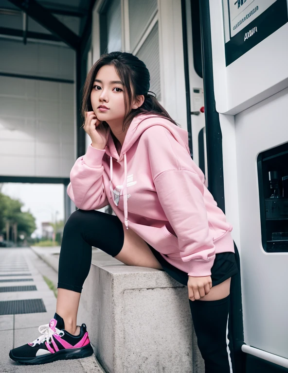 Big Breasts,18-year-old female,Pink hoodie,Het Fong,Black and white sneakers,Are standing,Erotic,Expose,tits,Color