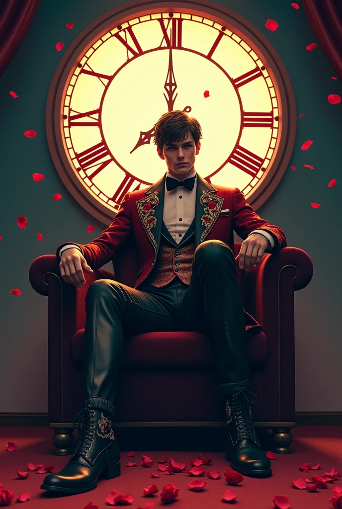 tilt perspective,Japanese aesthetic animation,19th century British aristocratic style,An elegant, cool and handsome wearing a circus-style costume sits in front of a big clock under the moonlight,Long leather boots,condescending,eyes twinkling,Rose petals scattered around,Light and shadow create a mysterious atmosphere,Picture details super high quality。