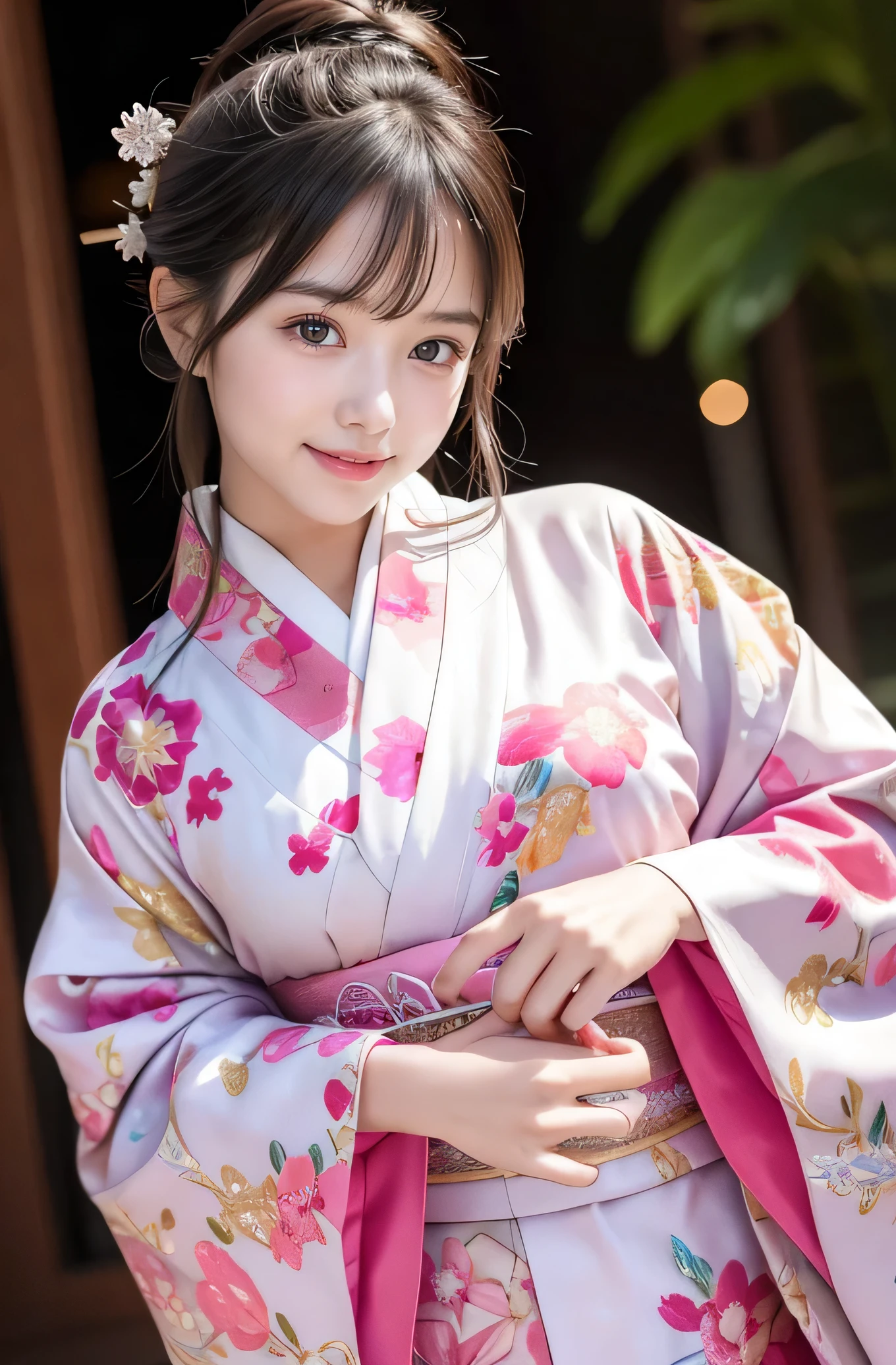 very cute girl, super cute face,clear attractive eyes, detailed Beautiful eyes,smiling, realistic photograph,gorgeous flamboyantly colored long sleeves kimono,
furisode ,very beautiful kimono,
Costume lighting